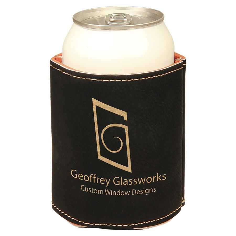 Beverage Holder Leatherette 3 3/4" Black w/Gold Engraving at Artisan Branding Company