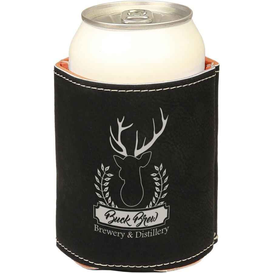 Beverage Holder Leatherette 3 3/4" Black w/Silver Engraving at Artisan Branding Company