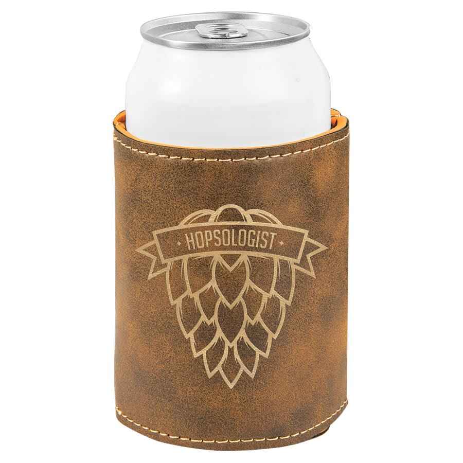Beverage Holder Leatherette 3 3/4" Rustic w/Gold Engraving at Artisan Branding Company