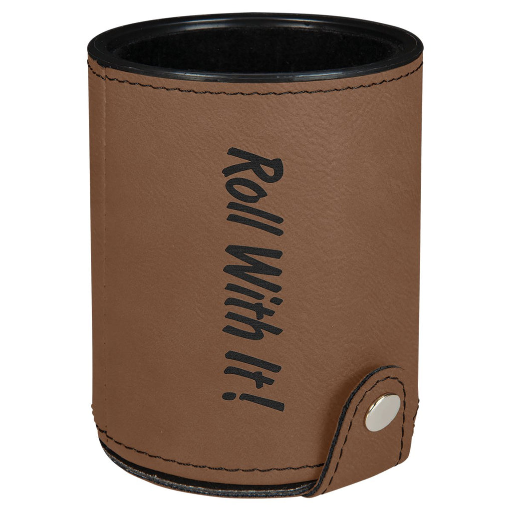 Leatherette Dice Cup Set w/Dice Dark Brown w/Black Engraving at Artisan Branding Company