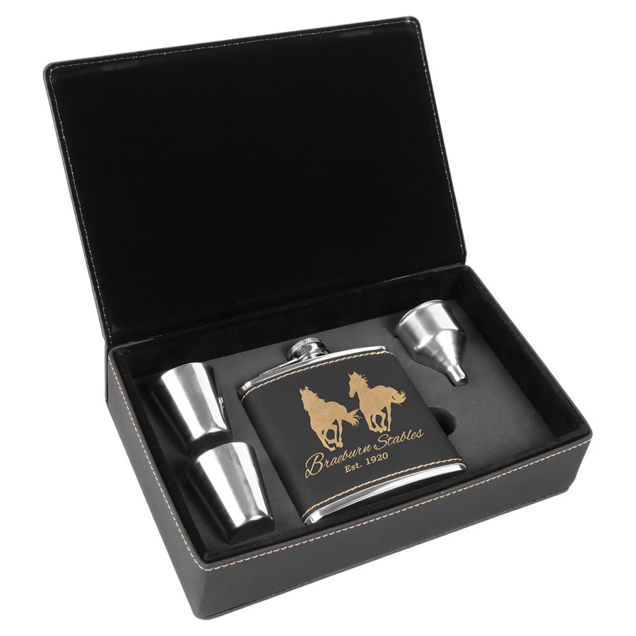 Leatherette Flask & Box Gift Set Black w/Gold Engraving at Artisan Branding Company