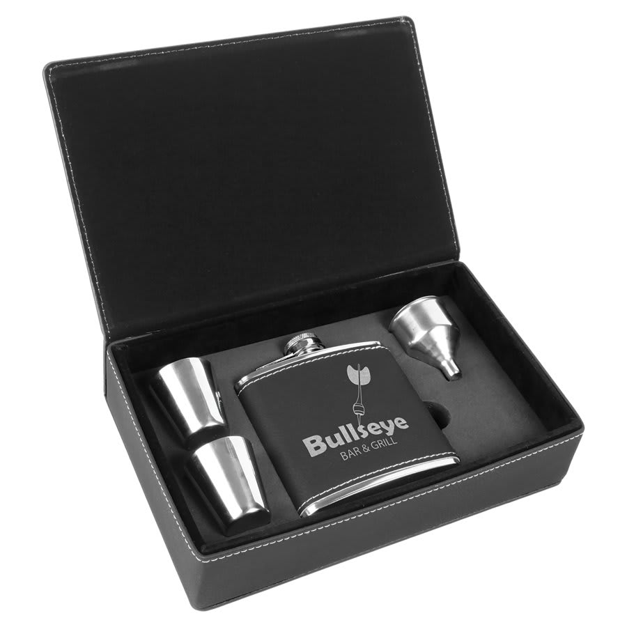 Leatherette Flask & Box Gift Set Black w/Silver Engraving at Artisan Branding Company