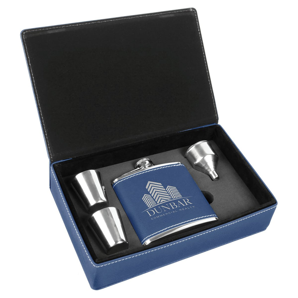 Leatherette Flask & Box Gift Set Blue w/Silver Engraving at Artisan Branding Company
