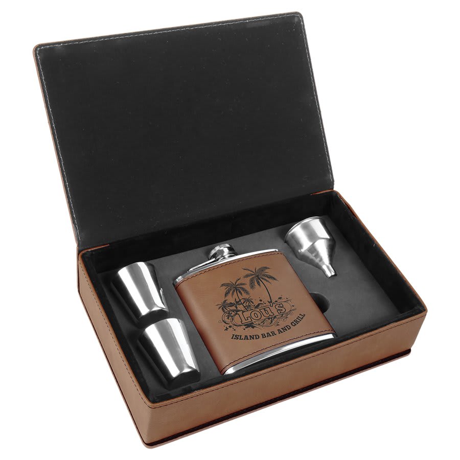 Leatherette Flask & Box Gift Set Dark Brown w/Black Engraving at Artisan Branding Company