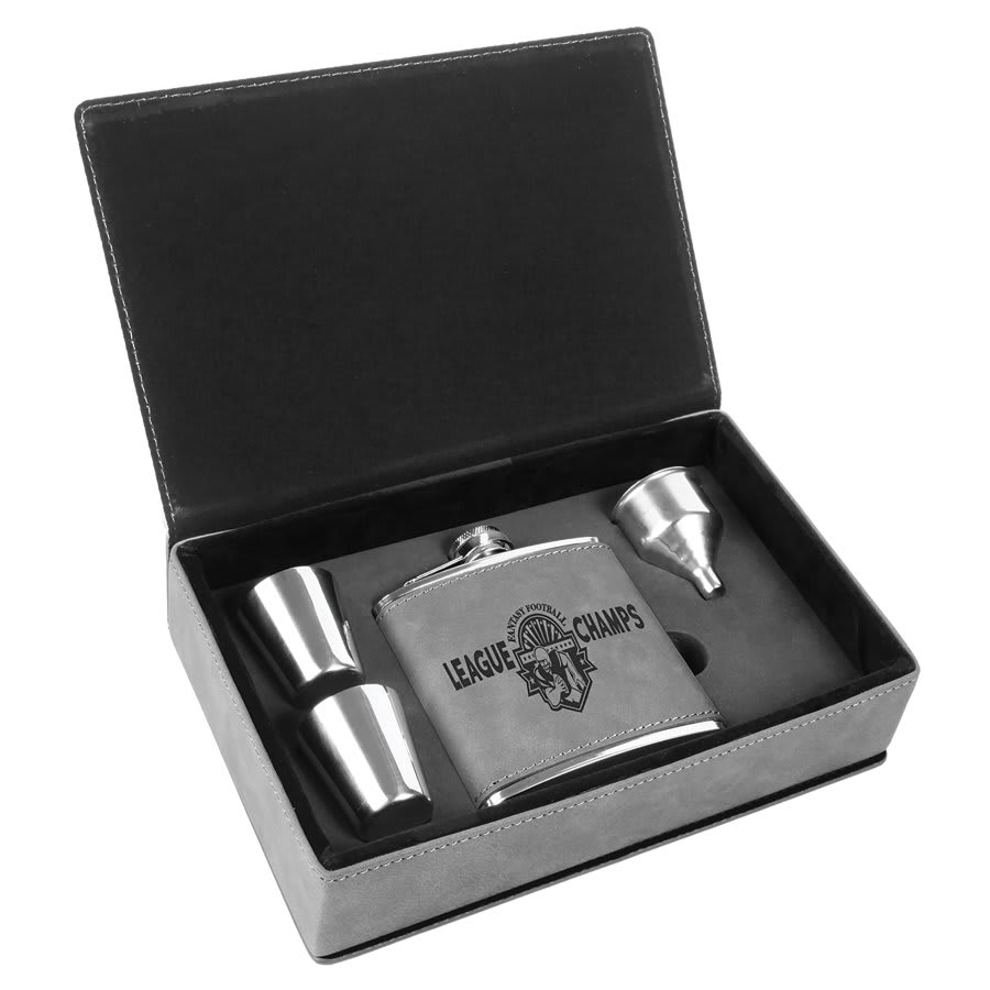 Leatherette Flask & Box Gift Set Gray w/Black Engraving at Artisan Branding Company