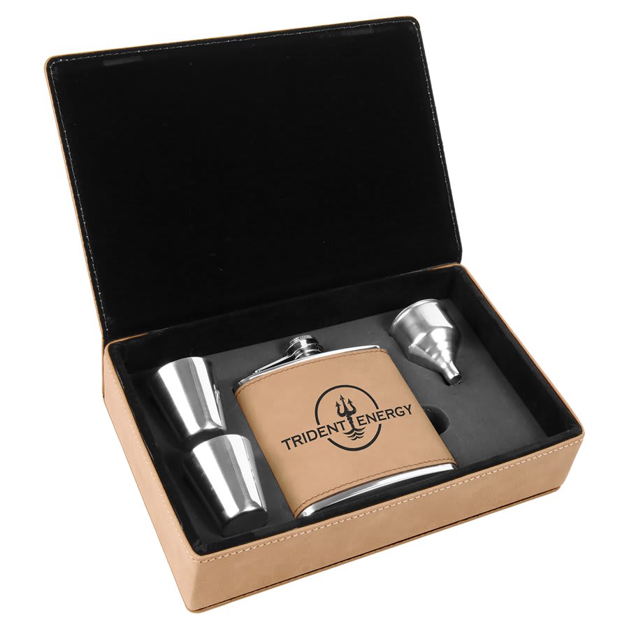 Leatherette Flask & Box Gift Set Light Brown w/Black Engraving at Artisan Branding Company