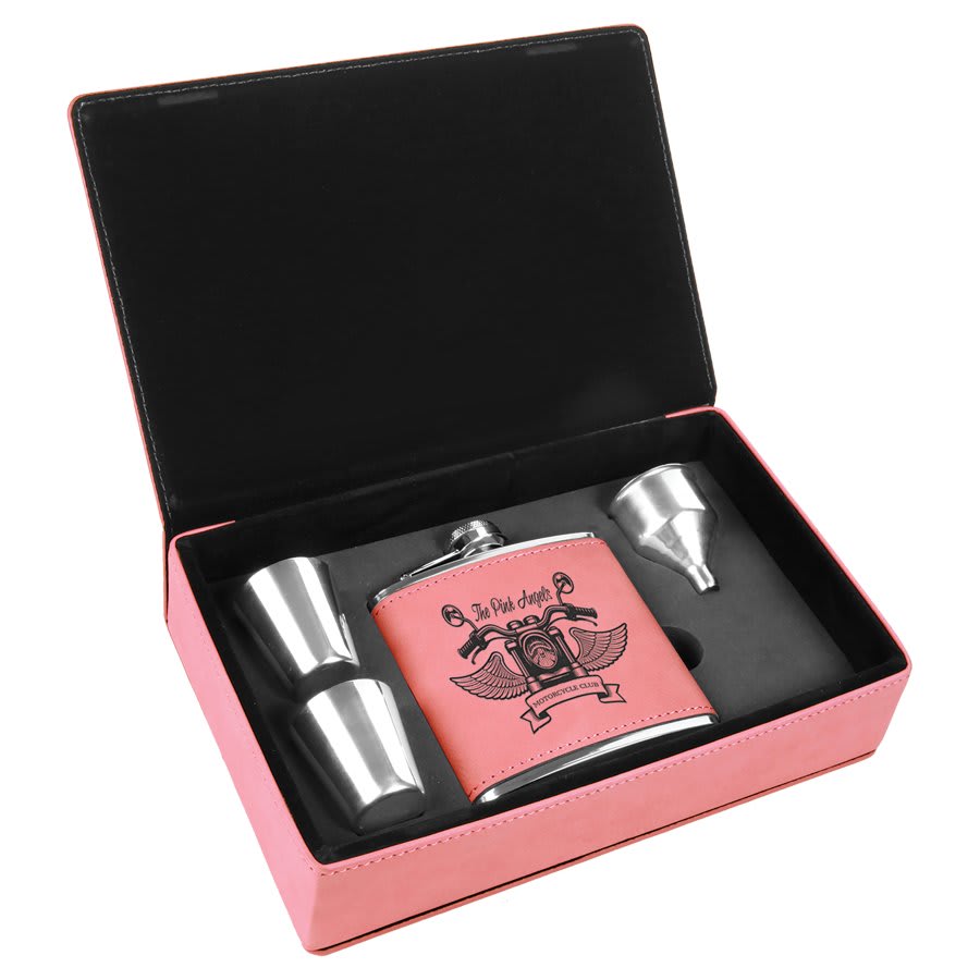 Leatherette Flask & Box Gift Set Pink w/Black Engraving at Artisan Branding Company