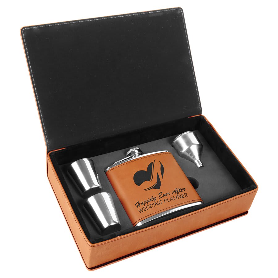 Leatherette Flask & Box Gift Set Rawhide w/Black Engraving at Artisan Branding Company