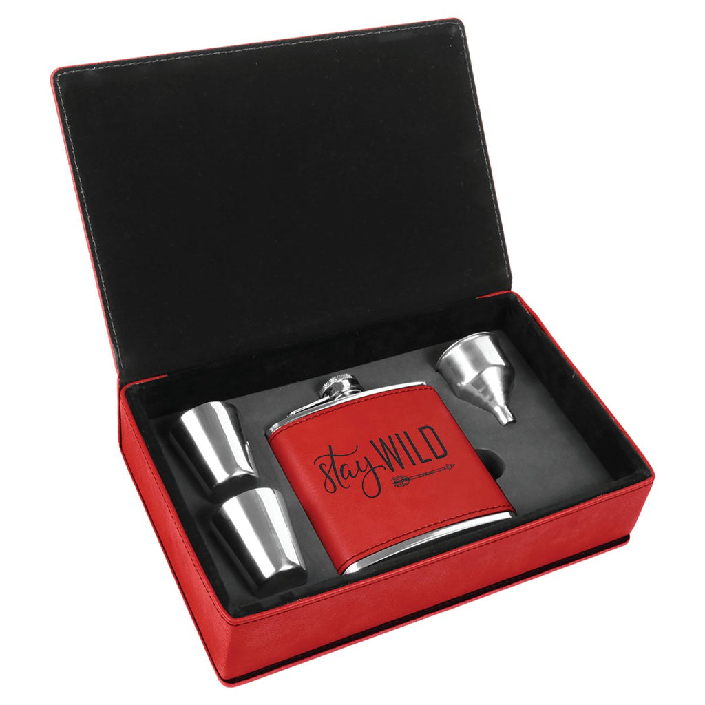 Leatherette Flask & Box Gift Set Red w/Black Engraving at Artisan Branding Company