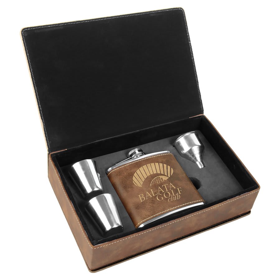 Leatherette Flask & Box Gift Set Rustic w/Gold Engraving at Artisan Branding Company