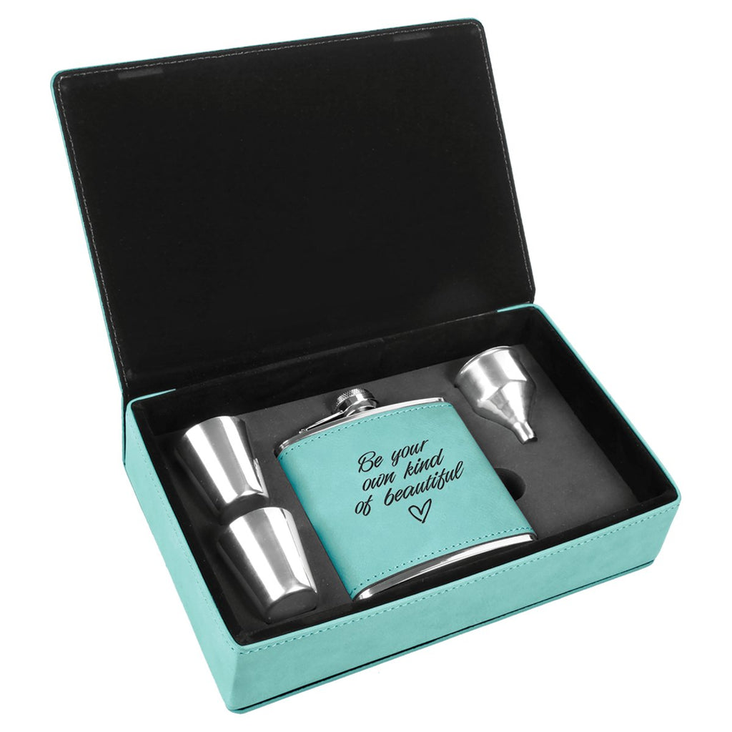 Leatherette Flask & Box Gift Set Teal w/Black Engraving at Artisan Branding Company