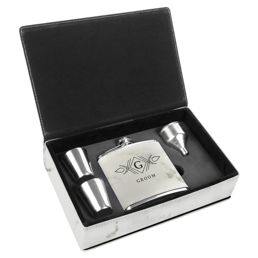 Leatherette Flask & Box Gift Set White Marble w/Black Engraving at Artisan Branding Company