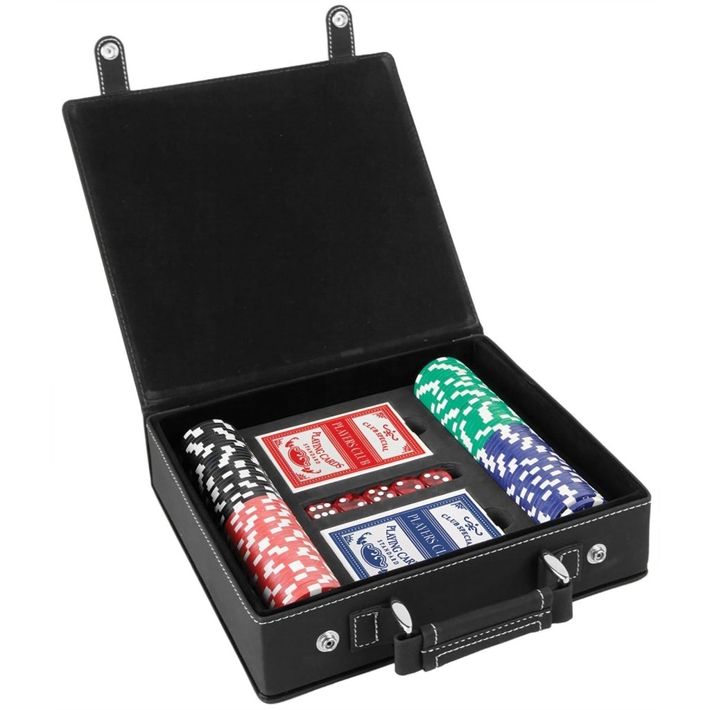 Poker 100 Chip Set -Leatherette Black w/Silver Engraving at Artisan Branding Company