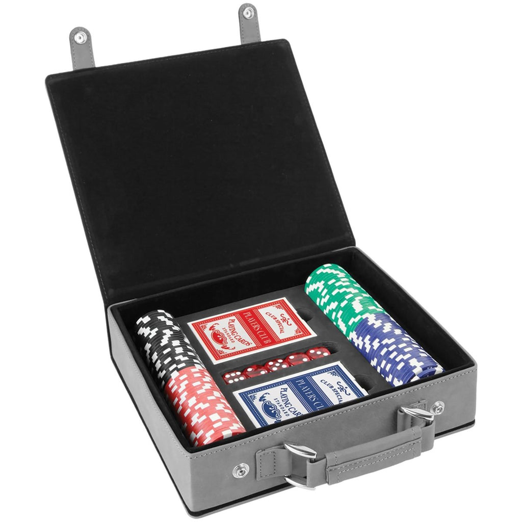 Poker 100 Chip Set -Leatherette Gray w/Black Engraving at Artisan Branding Company