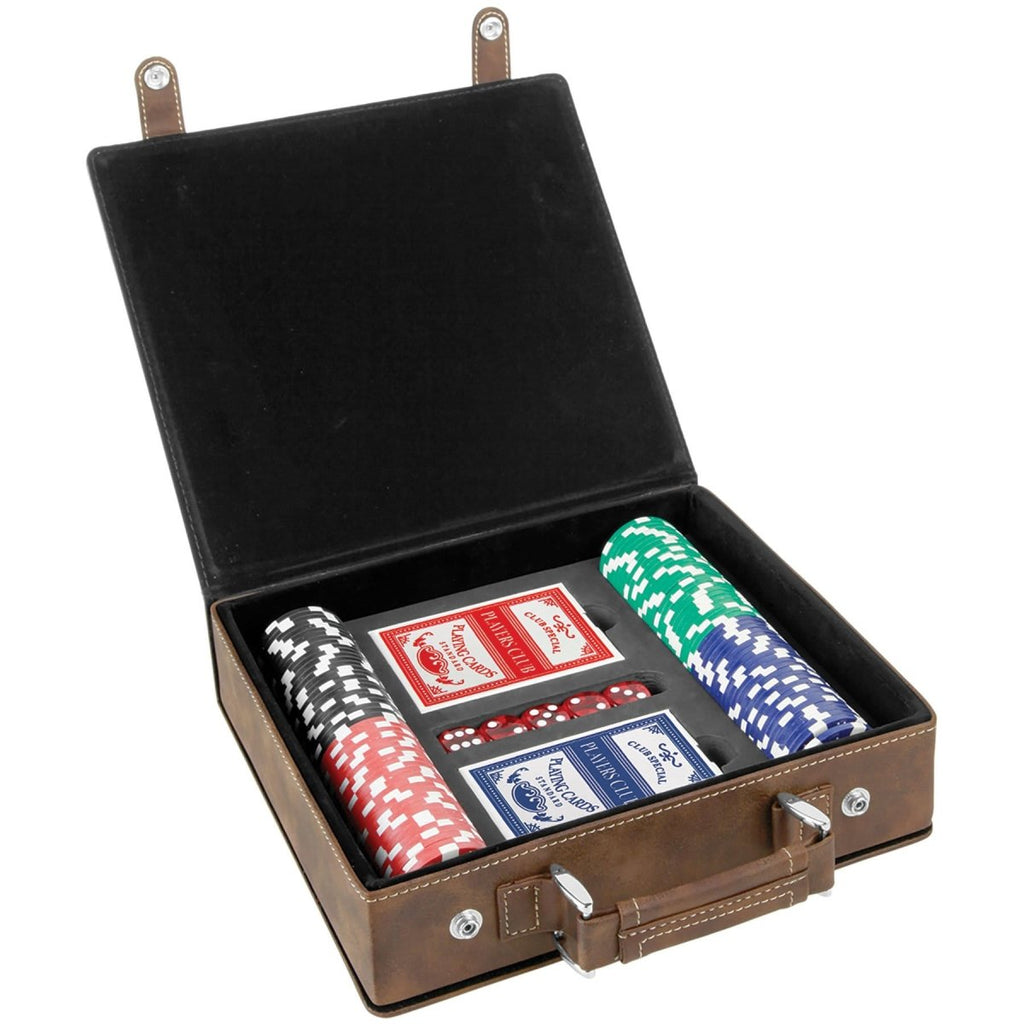 Poker 100 Chip Set -Leatherette Rustic w/Gold Engraving at Artisan Branding Company