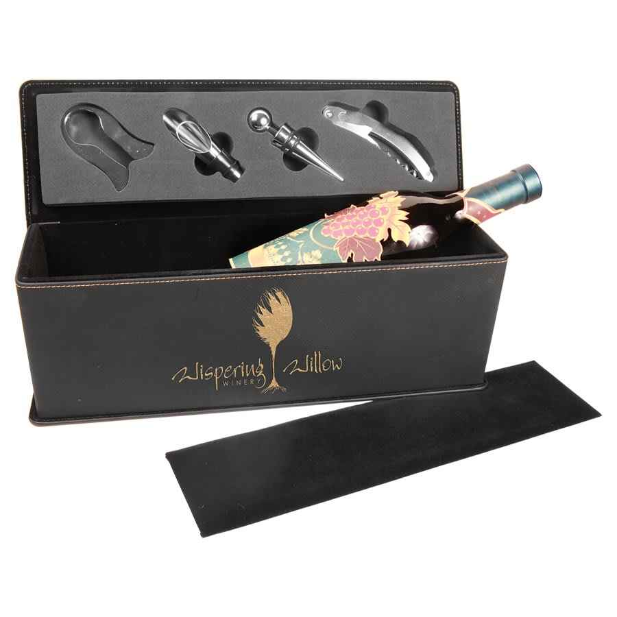 Leatherette Single Wine Box w/Tools Black w/Gold Engraving at Artisan Branding Company