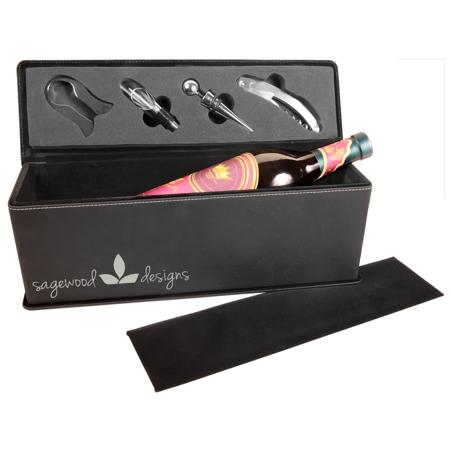 Leatherette Single Wine Box w/Tools Black w/Silver Engraving at Artisan Branding Company