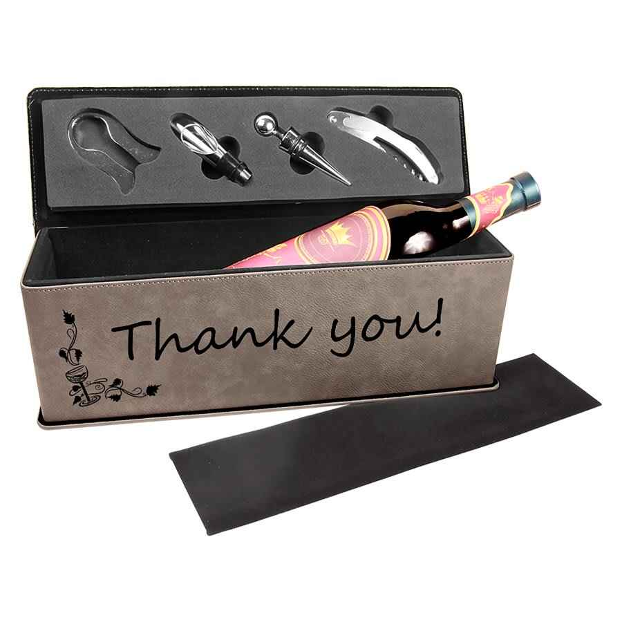 Leatherette Single Wine Box w/Tools Gray w/Black Engraving at Artisan Branding Company