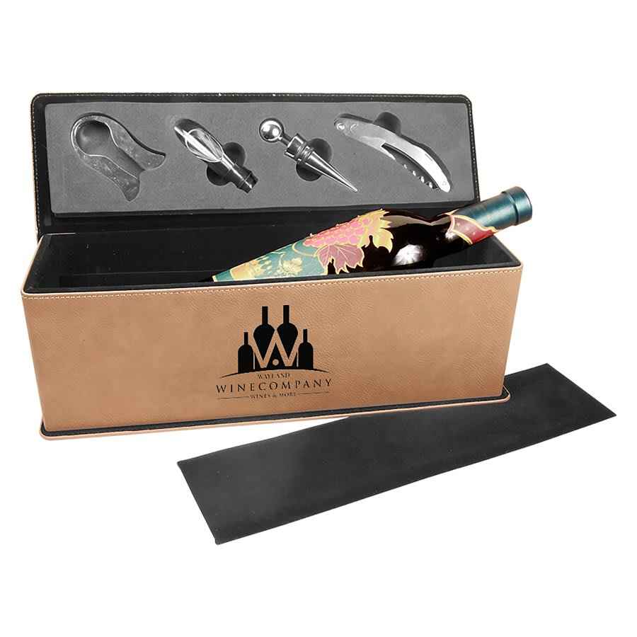 Leatherette Single Wine Box w/Tools Light Brown w/Black Engraving at Artisan Branding Company
