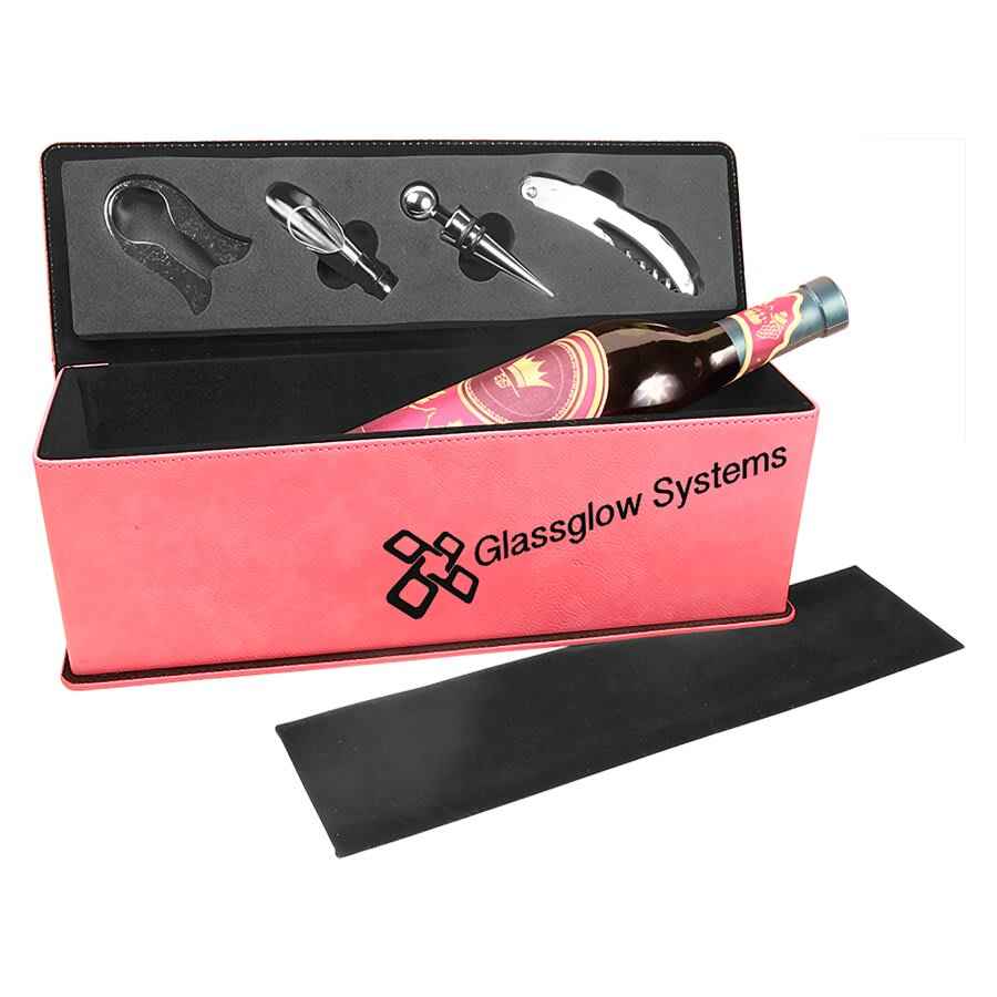 Leatherette Single Wine Box w/Tools Pink w/Black Engraving at Artisan Branding Company