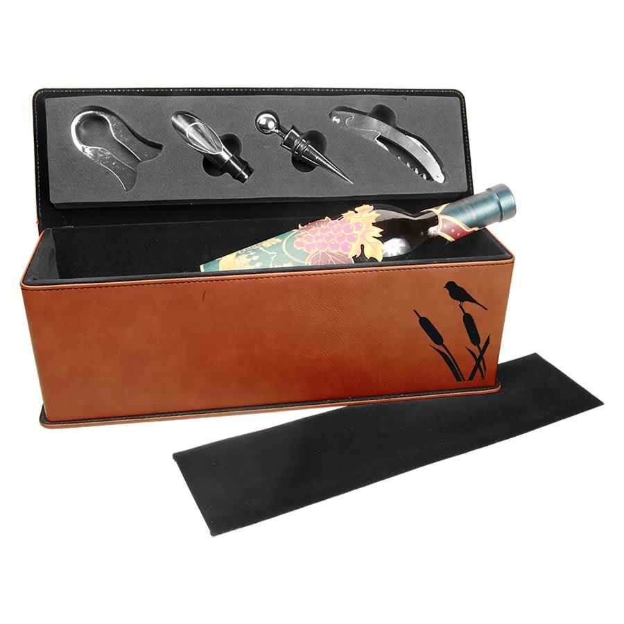 Leatherette Single Wine Box w/Tools Rawhide w/Black Engraving at Artisan Branding Company