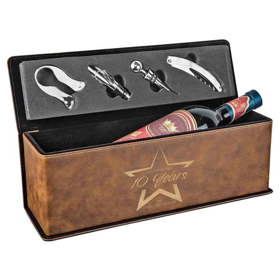 Leatherette Single Wine Box w/Tools Rustic w/Gold Engraving at Artisan Branding Company