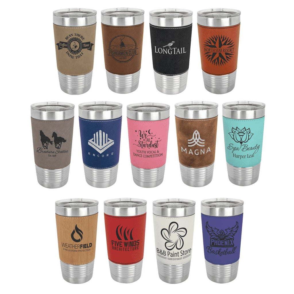 Leatherette Tumbler w/Clear Lid 20oz -Polar Camel Black w/Silver Engraving at Artisan Branding Company