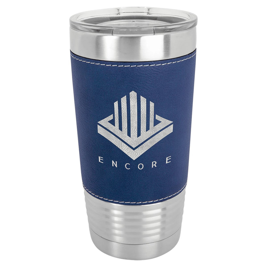 Leatherette Tumbler w/Clear Lid 20oz -Polar Camel Blue w/Silver Engraving at Artisan Branding Company