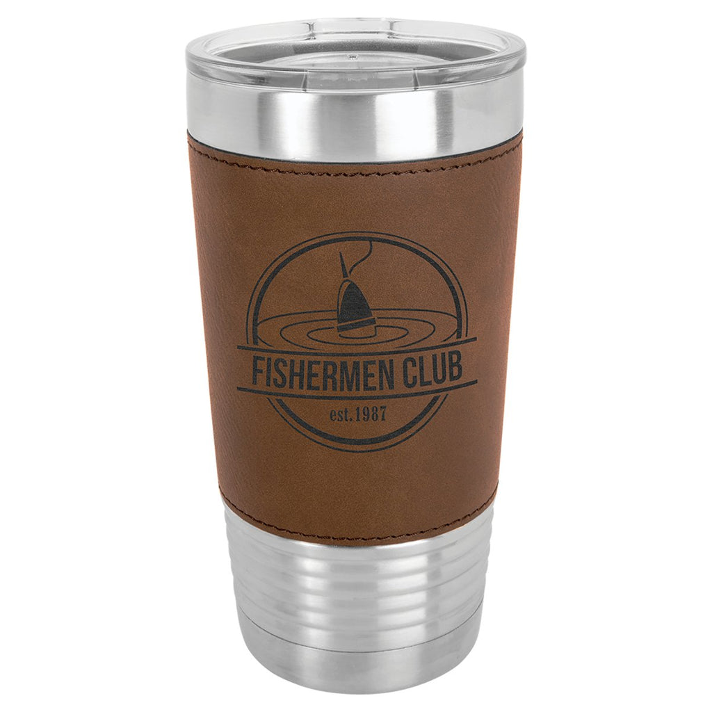 Leatherette Tumbler w/Clear Lid 20oz -Polar Camel Dark Brown w/Black Engraving at Artisan Branding Company