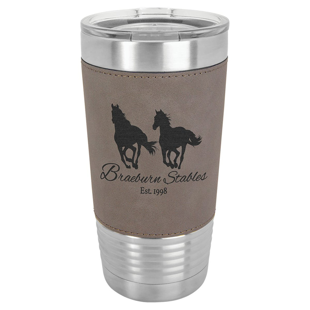 Leatherette Tumbler w/Clear Lid 20oz -Polar Camel Gray w/Black Engraving at Artisan Branding Company