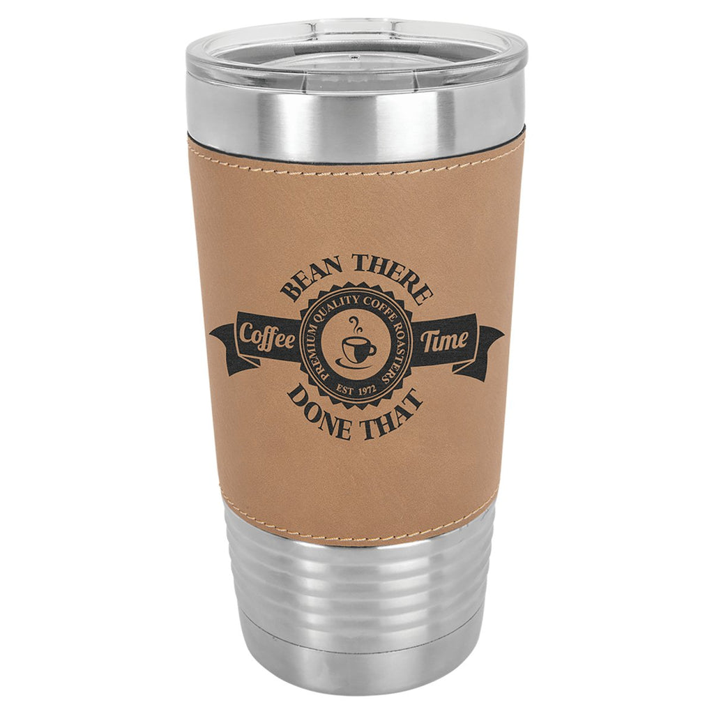 Leatherette Tumbler w/Clear Lid 20oz -Polar Camel Light Brown w/Black Engraving at Artisan Branding Company