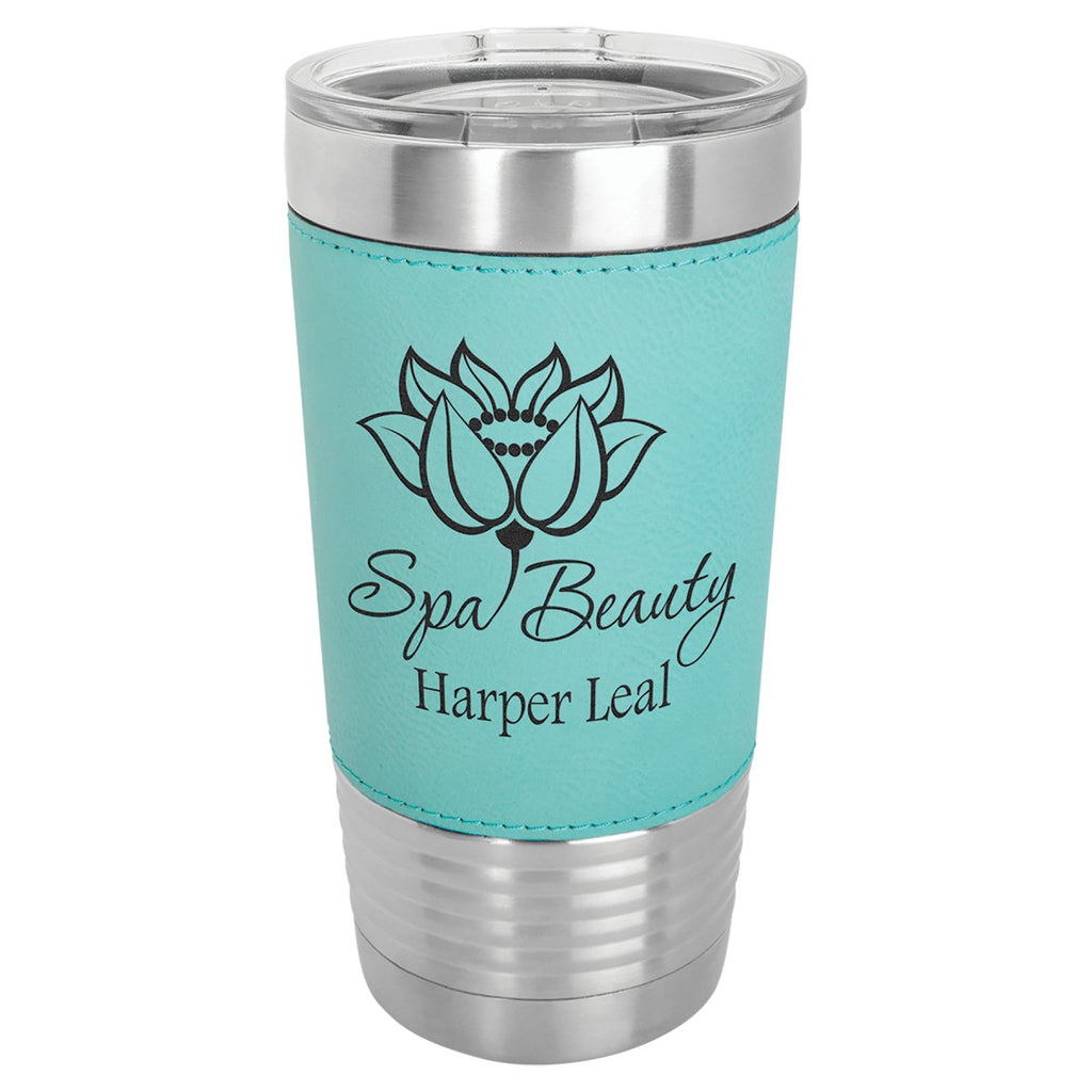 Leatherette Tumbler w/Clear Lid 20oz -Polar Camel Teal w/Black Engraving at Artisan Branding Company