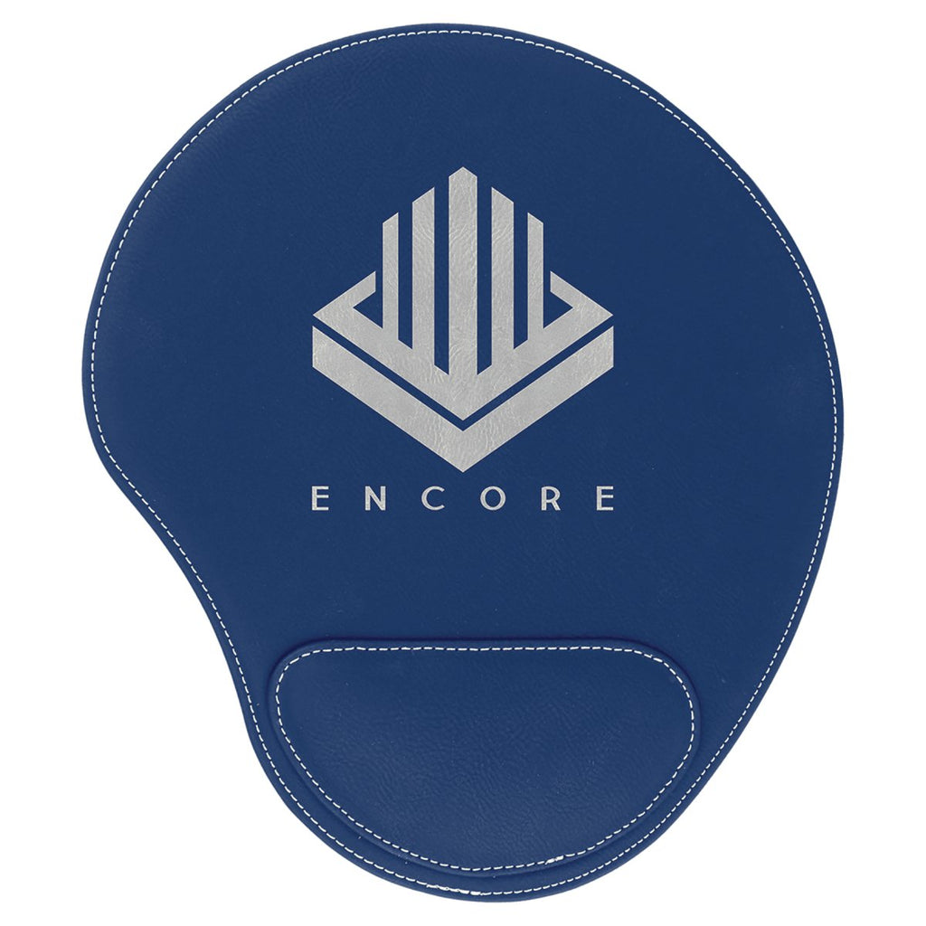 Mouse Pad w/Wrist Pad Leatherette 9" x 10 1/4" Blue w/Silver Engraving at Artisan Branding Company