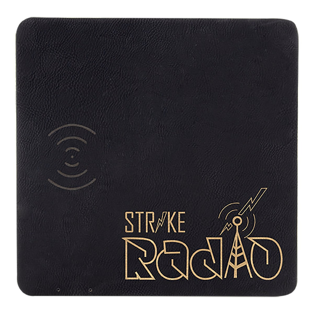 Phone Charging Mat Leatherette 8" x 8" Black w/Gold Engraving at Artisan Branding Company