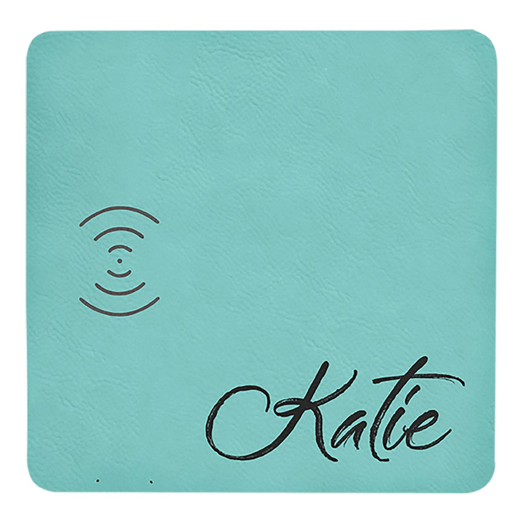 Phone Charging Mat Leatherette 8" x 8" Teal w/Black Engraving at Artisan Branding Company