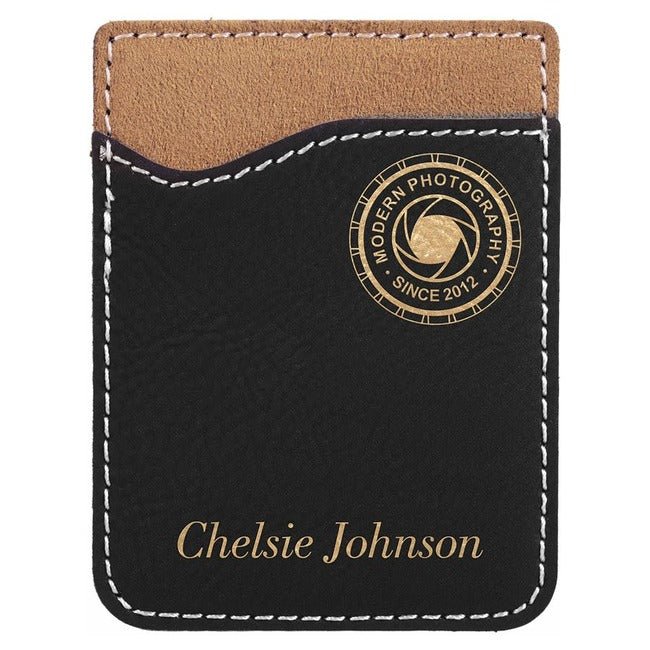 Phone Wallet -Leatherette 2 3/8" x 3 1/8" Black w/Gold Engraving at Artisan Branding Company