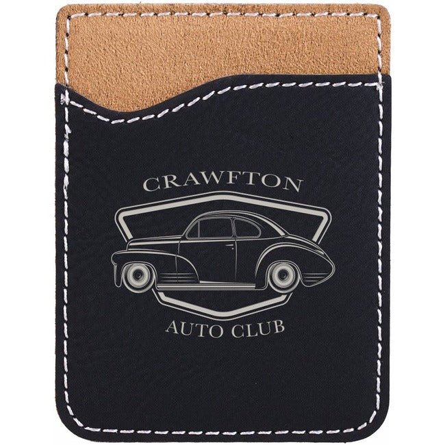 Phone Wallet -Leatherette 2 3/8" x 3 1/8" Black w/Silver Engraving at Artisan Branding Company