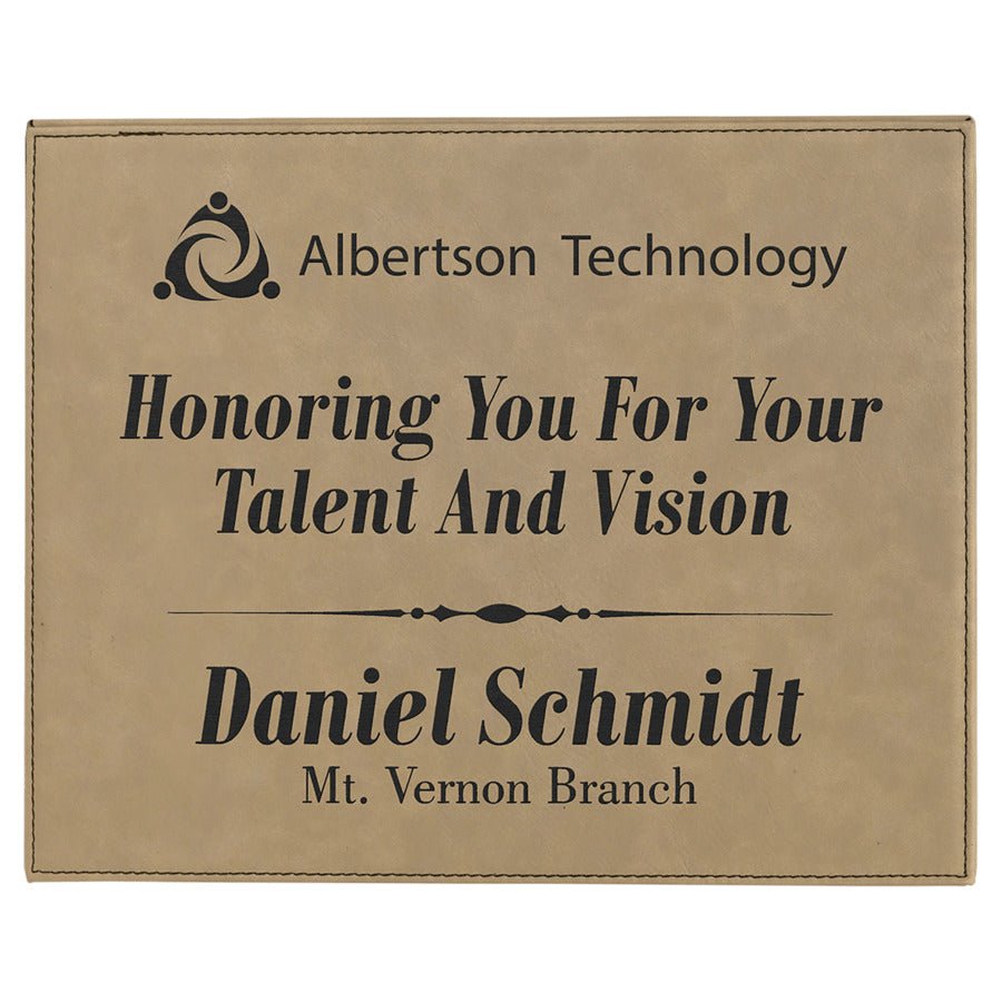 Plaque 10 1/2" x 13" Leatherette Light Brown w/Black Engraving at Artisan Branding Company