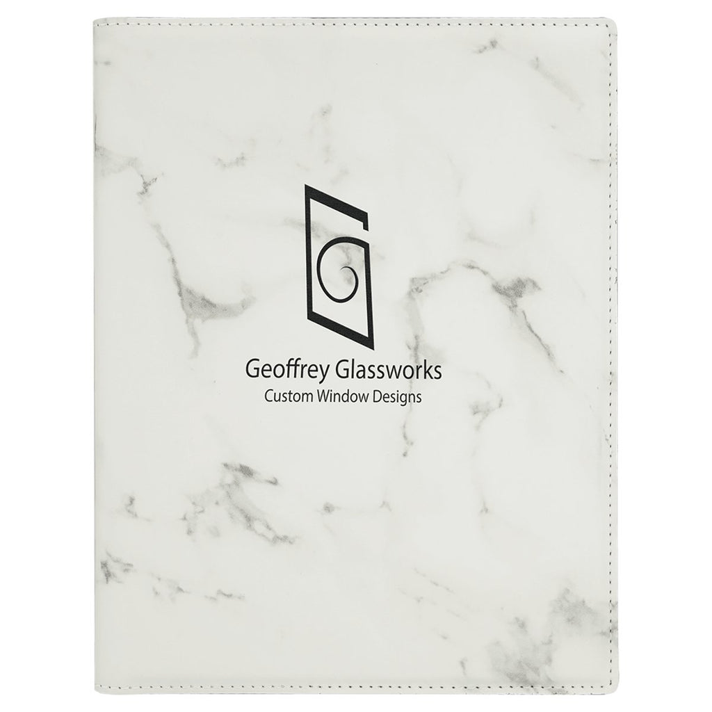 Portfolio Leatherette w/Notepad 7" x 9" White Marble w/Black Engraving at Artisan Branding Company