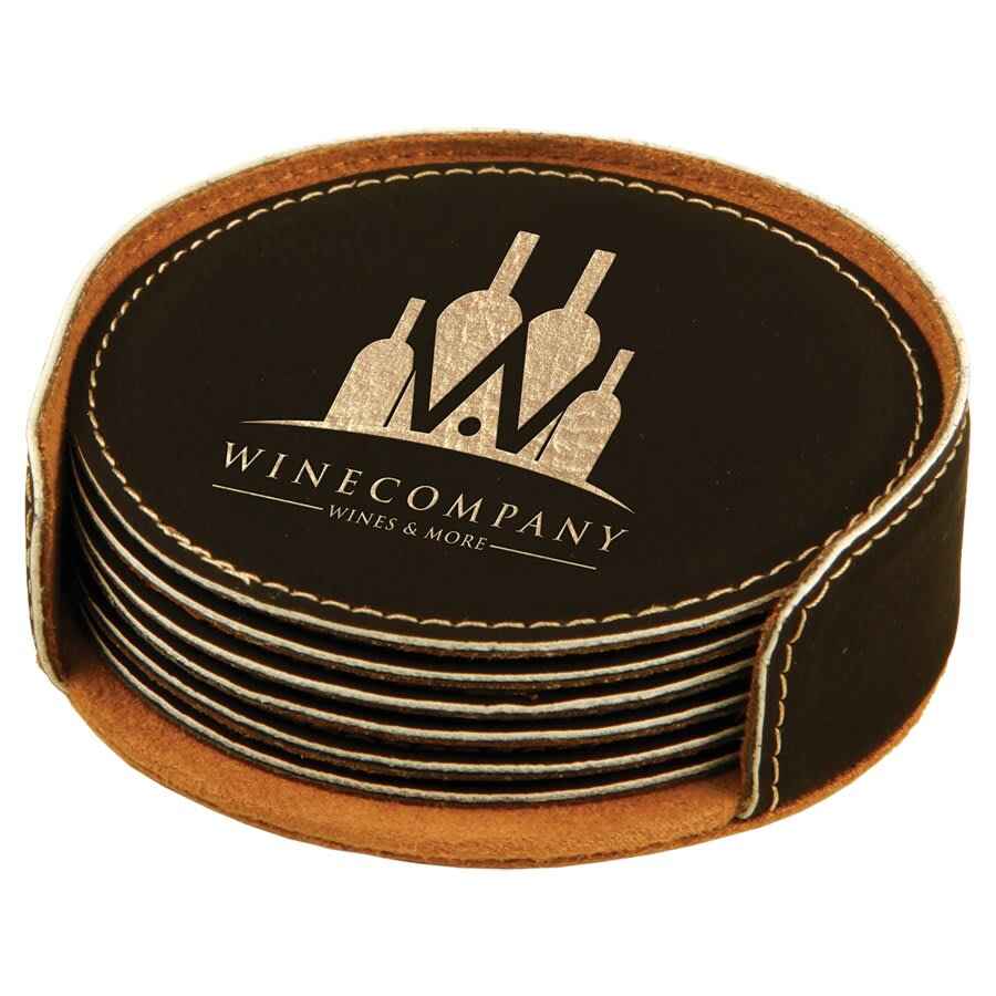 Round Leatherette 6-Coaster Set 4" Black w/Gold Engraving at Artisan Branding Company