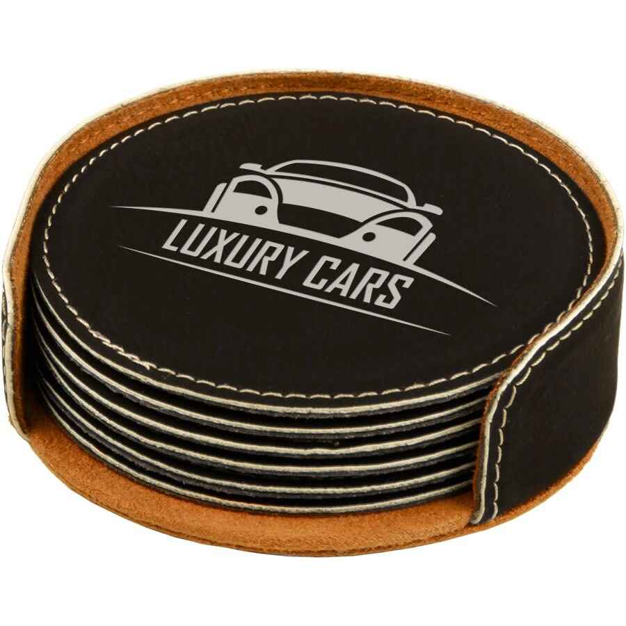 Round Leatherette 6-Coaster Set 4" Black w/Silver Engraving at Artisan Branding Company