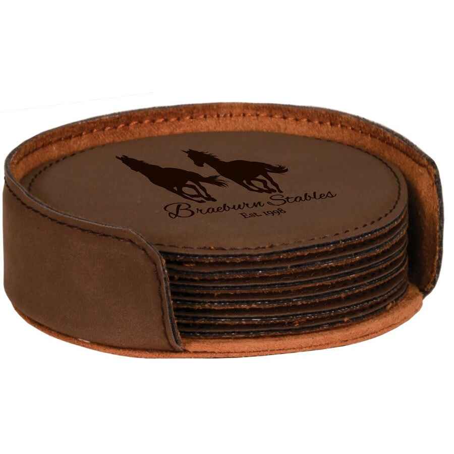 Round Leatherette 6-Coaster Set 4" Dark Brown w/Black Engraving at Artisan Branding Company