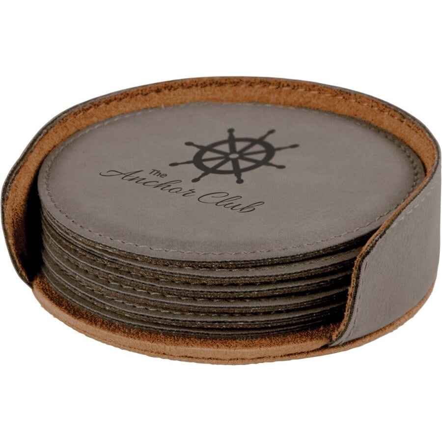 Round Leatherette 6-Coaster Set 4" Gray w/Black Engraving at Artisan Branding Company