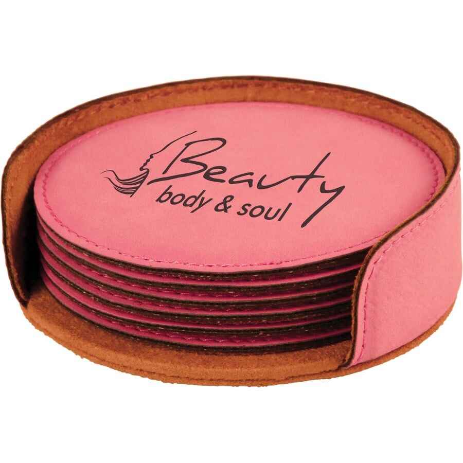 Round Leatherette 6-Coaster Set 4" Pink w/Black Engraving at Artisan Branding Company