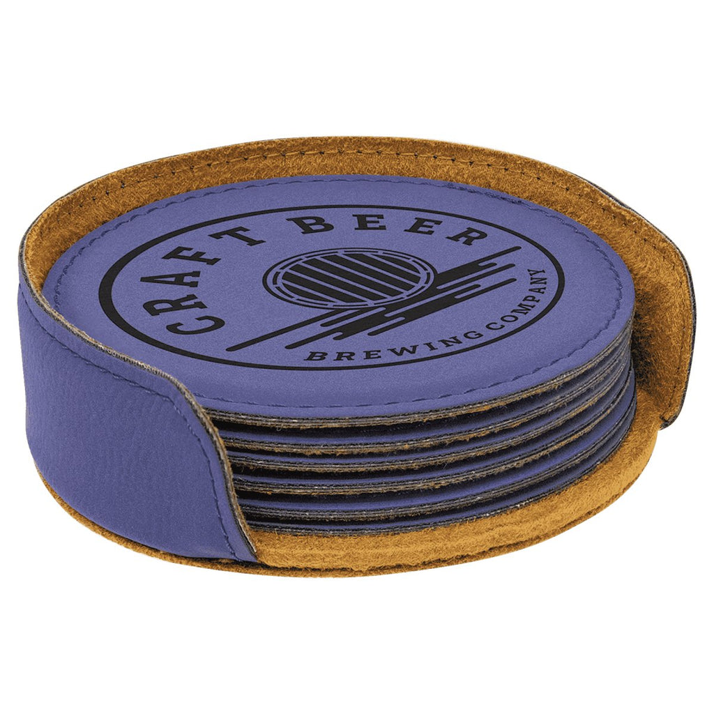 Round Leatherette 6-Coaster Set 4" Purple w/Black Engraving at Artisan Branding Company