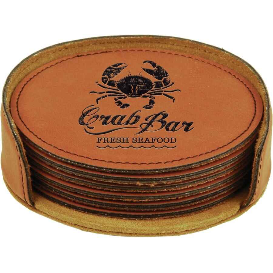 Round Leatherette 6-Coaster Set 4" Rawhide w/Black Engraving at Artisan Branding Company