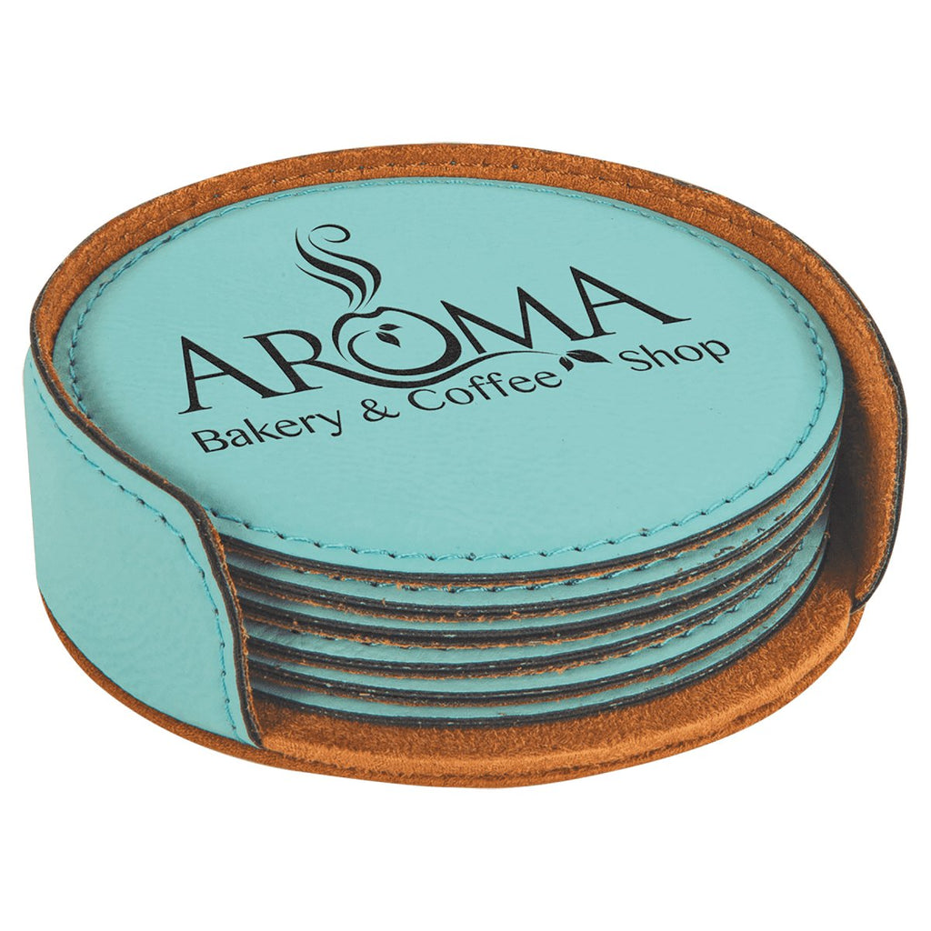 Round Leatherette 6-Coaster Set 4" Teal w/Black Engraving at Artisan Branding Company