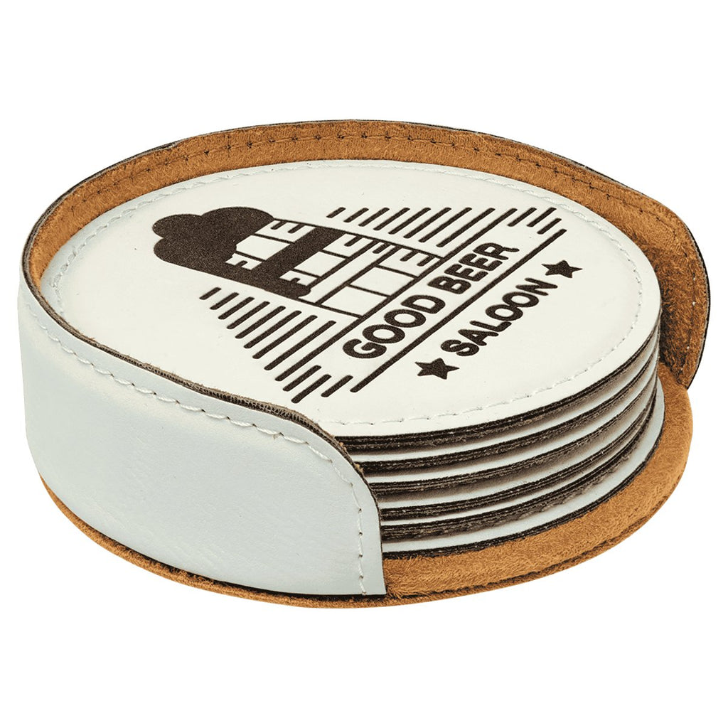 Round Leatherette 6-Coaster Set 4" White w/Black Engraving at Artisan Branding Company