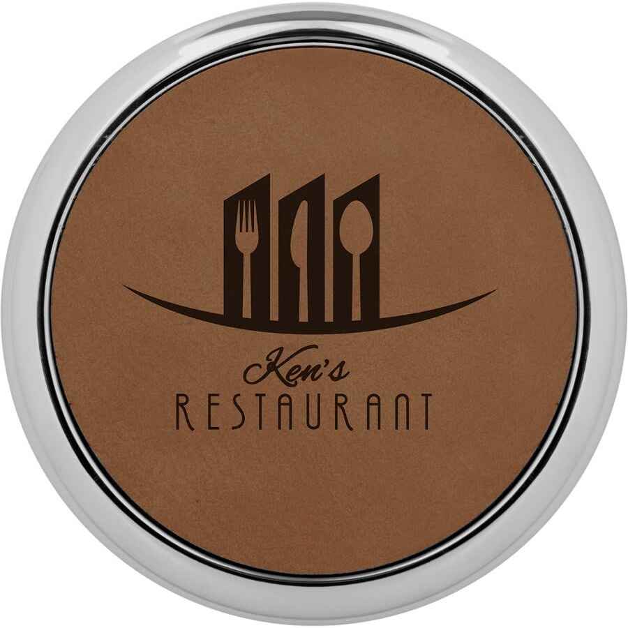 Round Leatherette Coaster w/Silver Edge 3 5/8" Dark Brown w/Black Engraving at Artisan Branding Company
