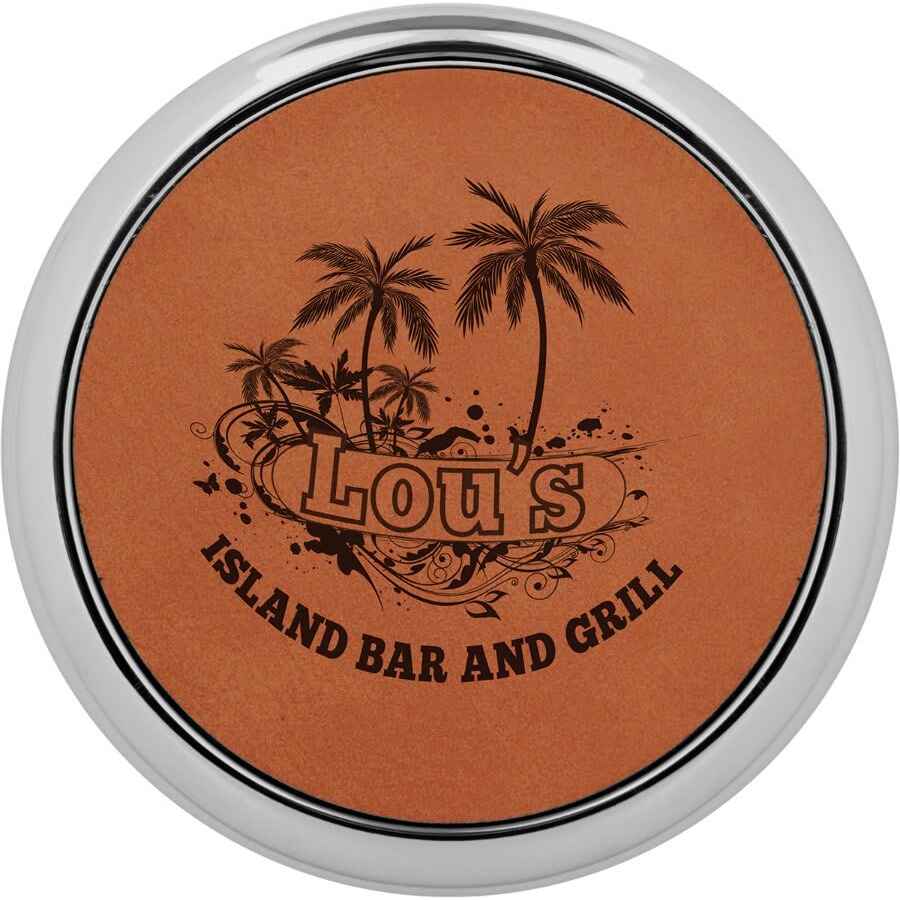 Round Leatherette Coaster w/Silver Edge 3 5/8" Rawhide w/Black Engraving at Artisan Branding Company